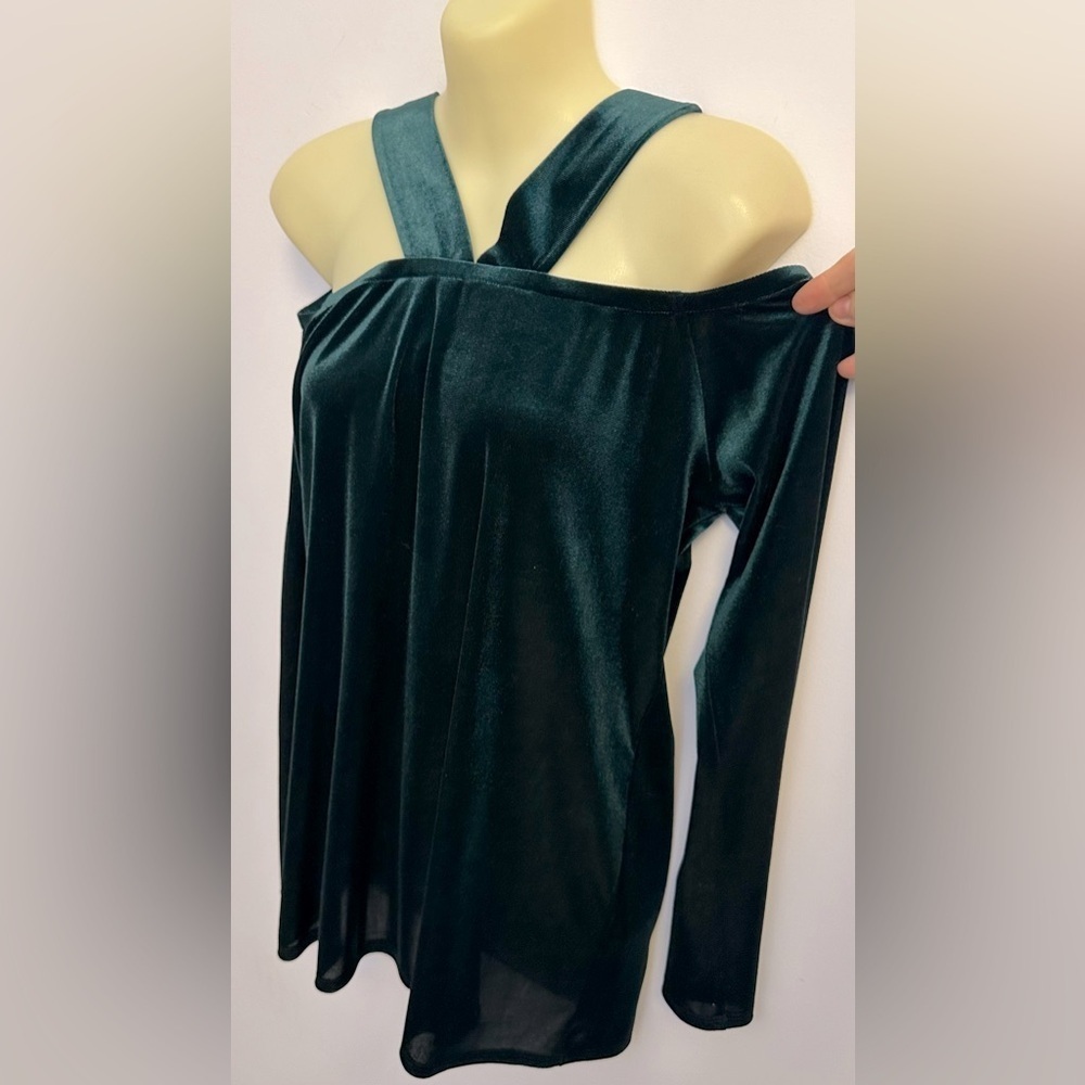Adrienne Green Velvet Halter Neckline Fitted Long Sleeve Blouse size M